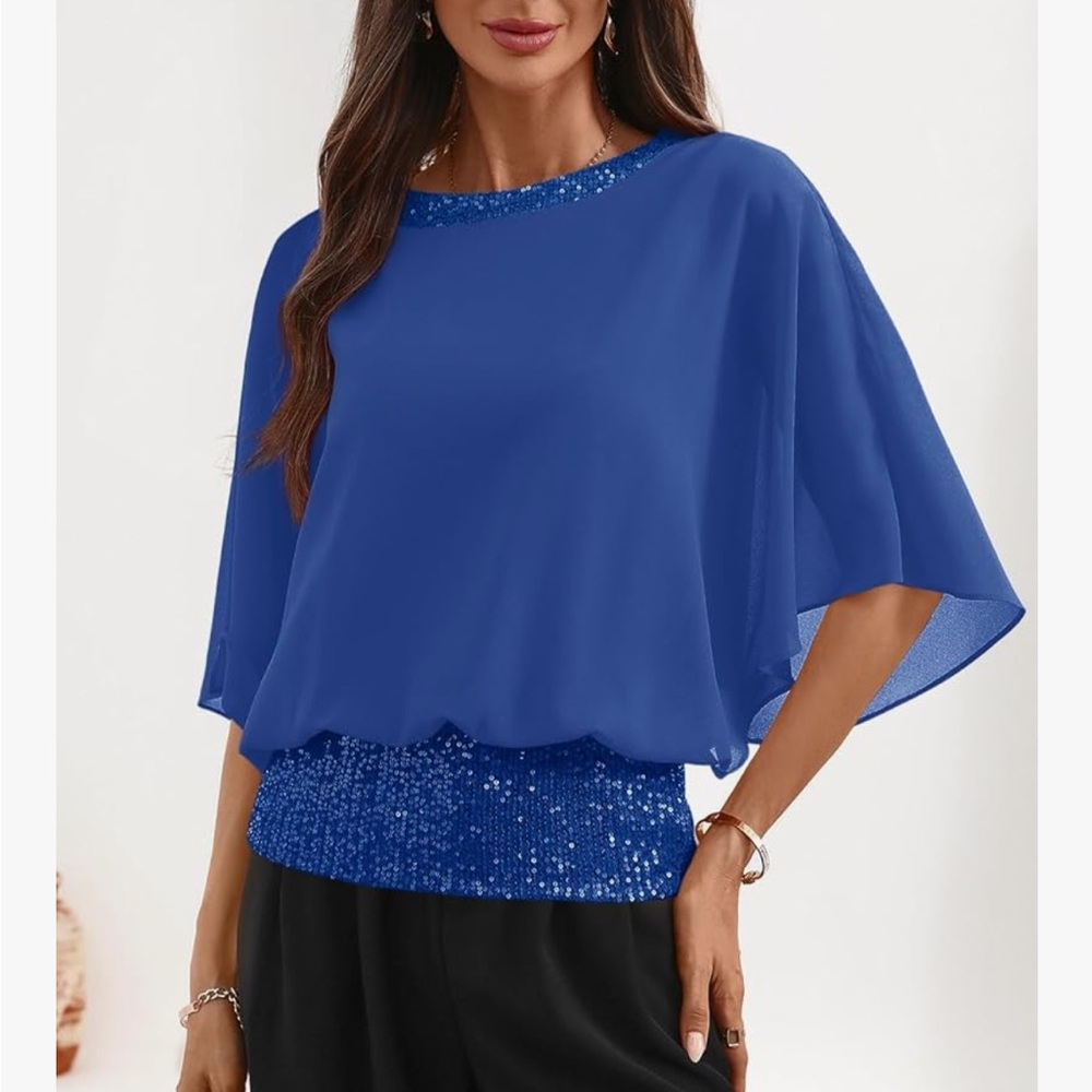 NWT For G and PL Elegant Blue Sequin Women's Top SZ L w Batwing Sleeves NEW